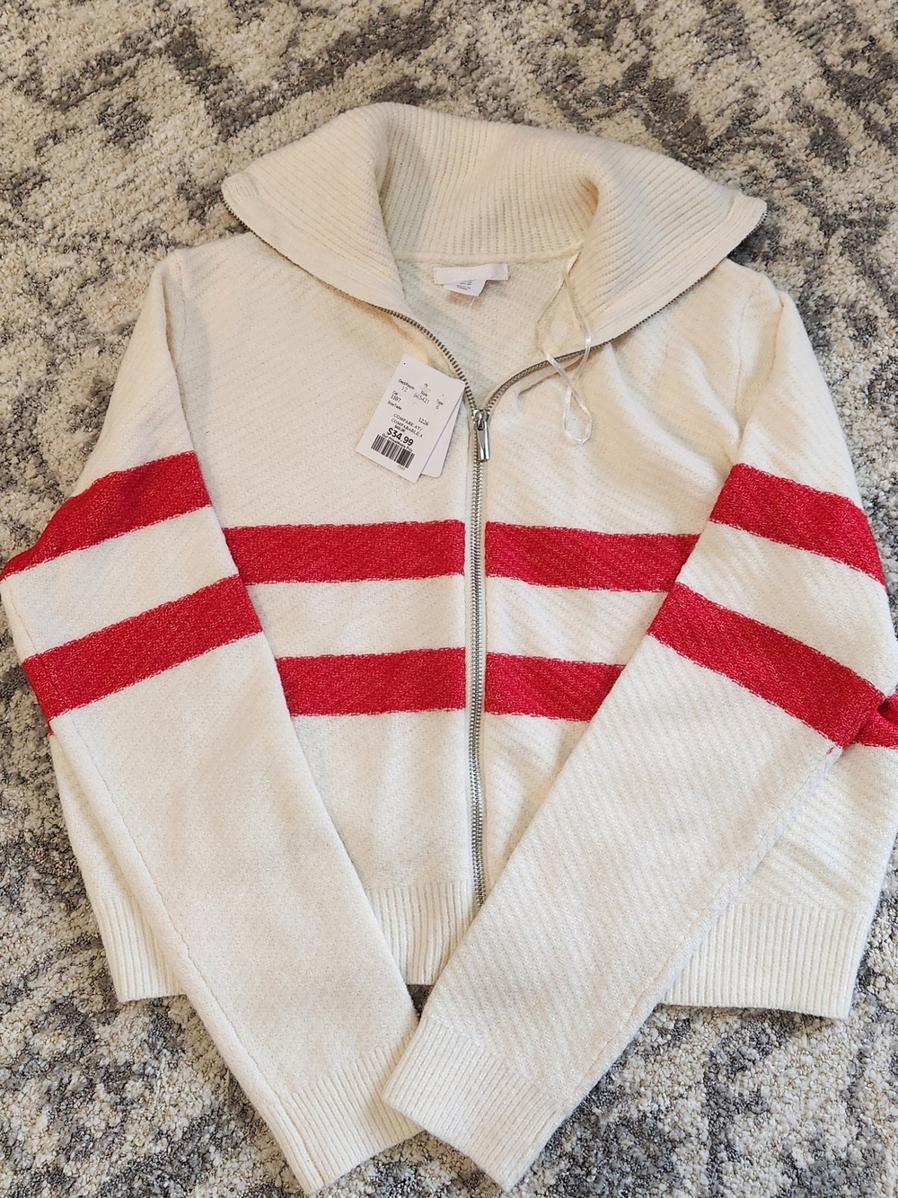 Striped Zip-Front Cream Sweater with Red Stripes